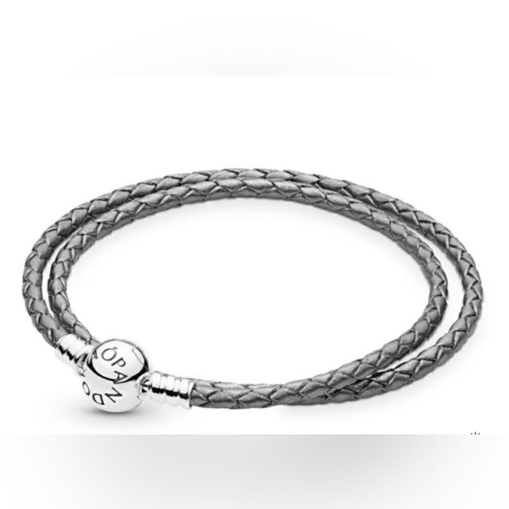 PANDORA Moments double woven leather bracelet, silver grey NEW with tags SZ D3